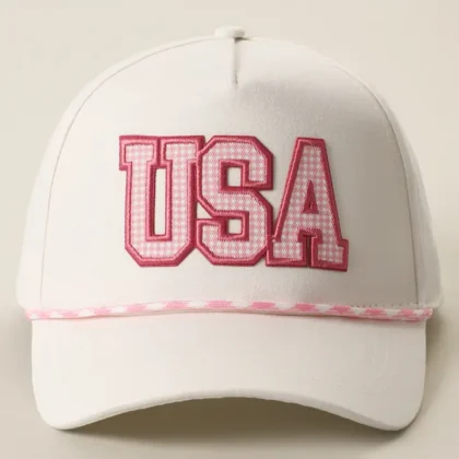 2026 USA Pink Gingham Embroidered Patch Rope Trucker Hat