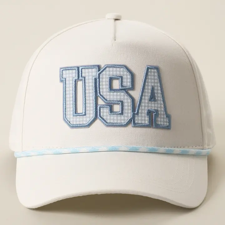 2026 USA Gingham Blue Embroidered Patch Rope Trucker Hat